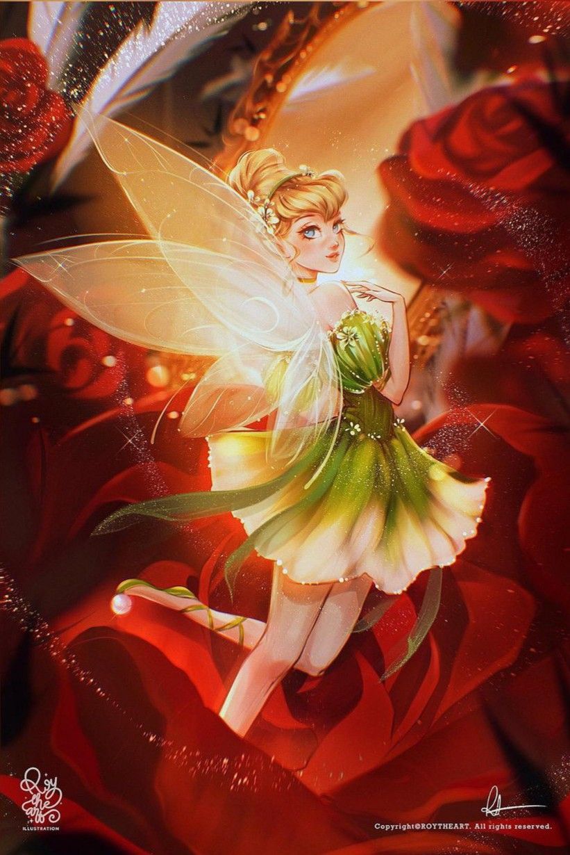 1girl, alternate_costume, alternate_hairstyle, bangs, blonde_hair, blue_eyes, disney, disney_fairies_(film_series), dress, fairy, fairy_wings, floating, flower, flower_dress, full_body, green_dress, green_ribbon, hair_bun, hair_flower, hair_ornament, hand_on_own_chest, headband, highres, minigirl, off-shoulder_dress, off_shoulder, petal_skirt, pom_pom_(clothes), puffy_short_sleeves, puffy_sleeves, red_flower, ribbon, rose, roytheart, short_sleeves, solo, sparkle, tinker_bell, tinker_bell_(disney), updo, wings, yellow_dress