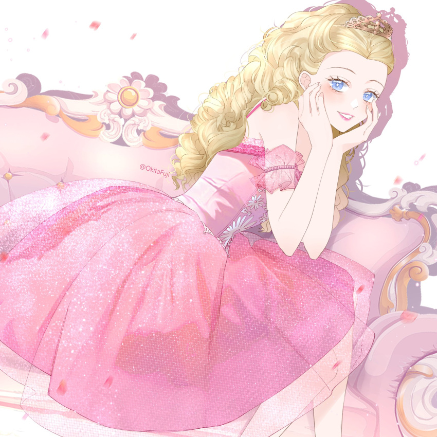 1girl, alternate_costume, ballerina, ballet, ballet_dress, barbie_(character), barbie_(franchise), barbie_in_the_nutcracker, barbie_movies, bare_shoulders, blonde_hair, blue_eyes, blush, clara_(barbie), clara_(the_nutcracker), corset, couch, crown, curly_hair, daisy, dress, floral_print, flower, frilled_sleeves, frills, furniture, glitter, hair_ornament, hands_on_own_face, highres, lace_trim, long_hair, okitafuji, on_couch, petals, pink_dress, pink_lips, sitting, sleeveless, sleeveless_dress, smile, solo, sparkle, tiara, white_background