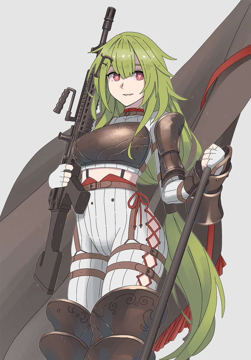 1girl, armor, bangs, breastplate, fingerless_gloves, flag, girls_frontline, gloves