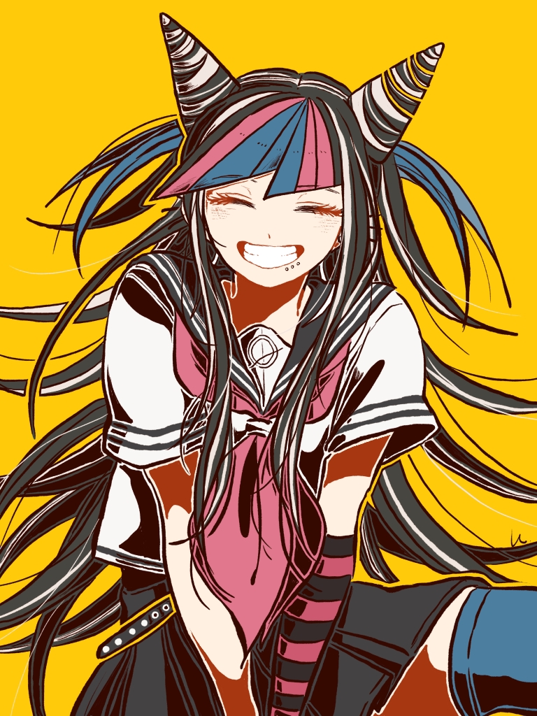 1girl, black_hair, black_skirt, blue_hair, blue_legwear, closed_eyes, commentary_request, dangan_ronpa_(series)