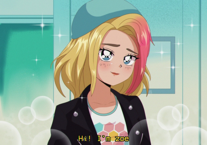 1990s_(style), 1girl, aqua_background, beanie, black_jacket, blonde_hair, blue_eyes, blue_headwear, blurry, blush, bokeh, brenni_murasaki, depth_of_field, floral_print, hat, head_tilt, jacket, leather, leather_jacket, miraculous_ladybug, multicolored_hair, pink_hair, print_shirt, red_lips, retro_artstyle, shirt, short_hair, smile, solo, sparkle, streaked_hair, teenage, white_hair, zoe_lee