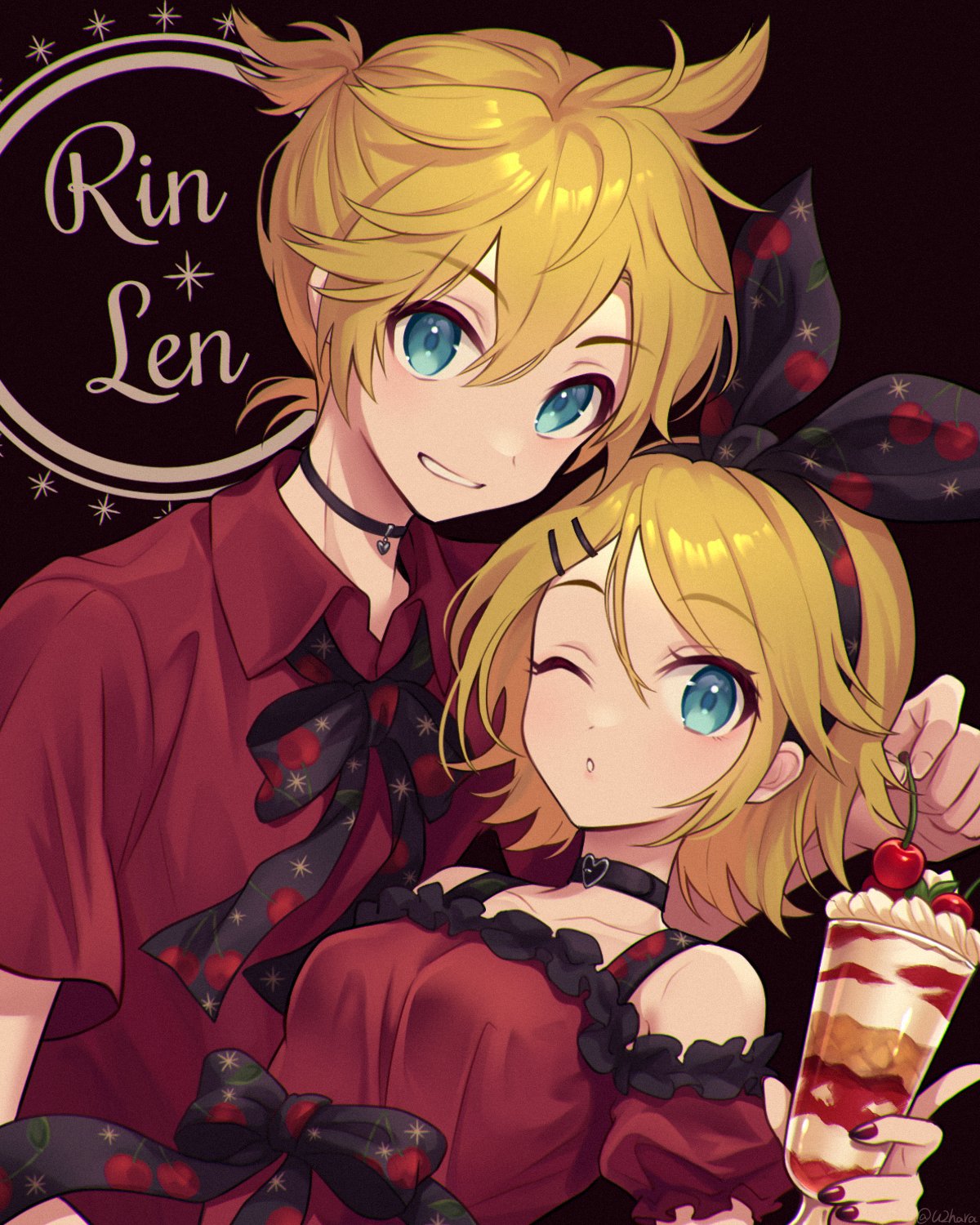 1boy, 1girl, ;o, alternate_costume, bare_shoulders, black_bow, black_neckwear, black_ribbon, blonde_hair, blue_eyes, bow, bowtie, breasts, brother_and_sister, cherry, choker, collarbone, cup, dessert, dress, dress_straps, food, fruit, grin, hair_bow, hair_ornament, hairclip, highres, holding, holding_cup, ice_cream, kagamine_len, kagamine_rin, lace-trimmed_dress, lace_trim, looking_at_viewer, one_eye_closed, picking_fruit, red_dress, red_nails, red_shirt, ribbed_dress, ribbon, shirt, short_hair, short_ponytail, short_sleeves, siblings, small_breasts, smile, twins, u2hara, vocaloid