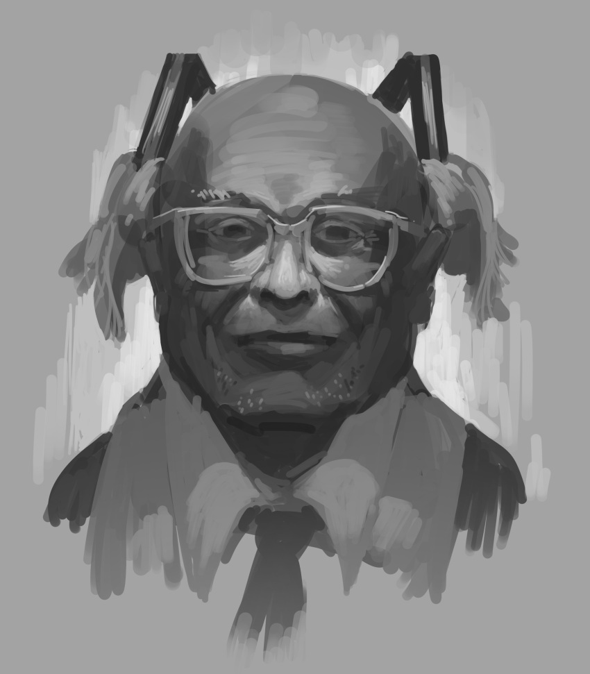 1boy, absurdres, bald, commentary, cosplay, danny_devito, glasses, greyscale
