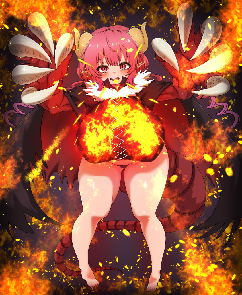 barefoot, black_panties, breasts, breathing_fire, cape, commentary_request, dragon_claw, dragon_horns, fire, highres, horns, huge_breasts, ilulu_(maidragon), kobayashi-san_chi_no_maidragon, panties, red_eyes, sharp_teeth, sho_(wnmf3234), slit_pupils, tail, teeth, underwear