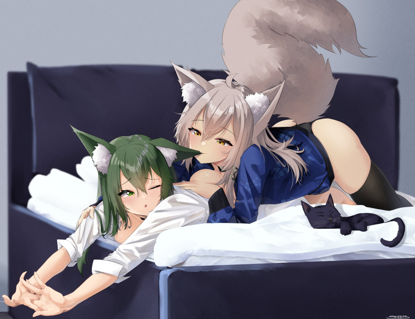 2girls, absurdres, ahoge, animal_ear_fluff, animal_ears, bed, black_cat, black_choker