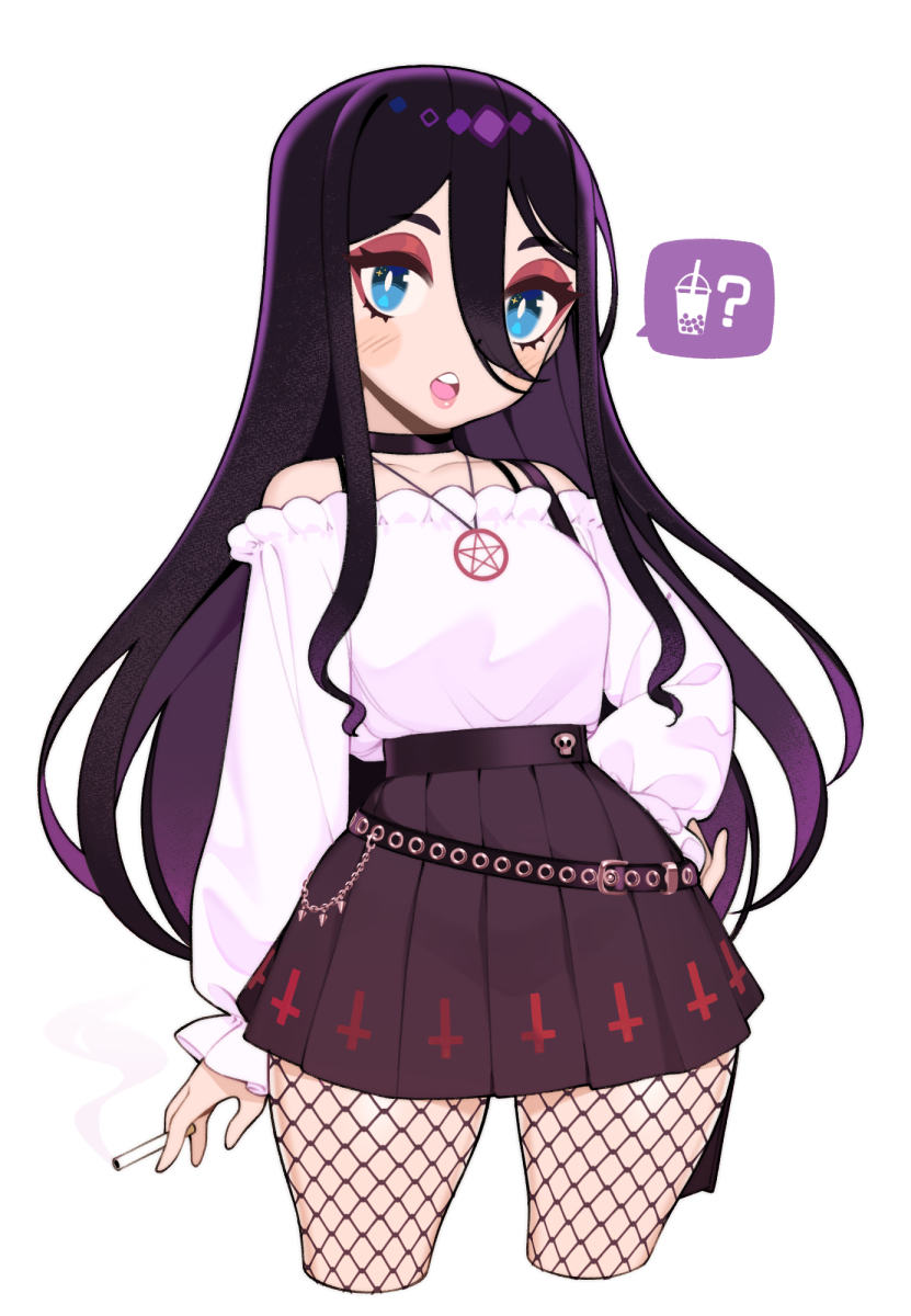 1girl, ?, belt, blue_eyes, blush, blush_stickers, breasts, bubble_tea, choker, cigarette, collarbone, commission, cowboy_shot, cross, dress, english_commentary, eyebrows_visible_through_hair, eyelashes, eyeshadow, fishnet_legwear, fishnets, halphelt, hand_on_hip, highres, holding, holding_cigarette, inverted_cross, jewelry, latin_cross, lips, long_hair, looking_at_viewer, makeup, medium_breasts, necklace, open_mouth, original, pentagram, pentagram_pendant, pleated_skirt, purple_hair, simple_background, skirt, skull, smoke, solo, spoken_symbol, strapless, strapless_dress, upper_teeth, white_background