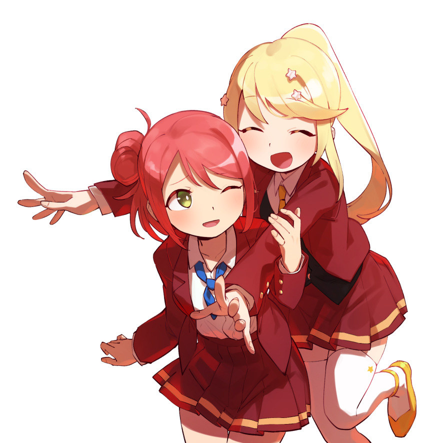 2girls, :d, ^_^, ankle_strap, bangs, behind_another, black_vest, blazer, blonde_hair, blue_bow, blue_neckwear, bow, bowtie, closed_eyes, collarbone, collared_shirt, commentary, eyebrows_visible_through_hair, facing_another, fingernails, goe_(g-o-e), hair_ornament, hand_up, hands_up, high_ponytail, highres, imminent_hug, jacket, kano_misora, leg_up, light_blush, long_hair, long_sleeves, looking_at_another, looking_to_the_side, loose_bowtie, miniskirt, multiple_girls, necktie, one_eye_closed, ootsuki_aruru, open_clothes, open_jacket, open_mouth, outstretched_arms, pleated_skirt, ponytail, print_legwear, red_jacket, red_skirt, redhead, school_uniform, shiny, shiny_hair, shirt, shirt_tucked_in, shoes, short_hair, shoujo_kageki_revue_starlight, shoujo_kageki_revue_starlight_-re_live-, side_bun, sidelocks, sideways_glance, simple_background, single_stripe, skirt, smile, standing, standing_on_one_leg, star_(symbol), star_hair_ornament, star_print, striped, striped_skirt, swept_bangs, thigh-highs, vest, white_background, white_legwear, white_shirt, yellow_eyes, yellow_footwear, yellow_neckwear, yuri, zettai_ryouiki