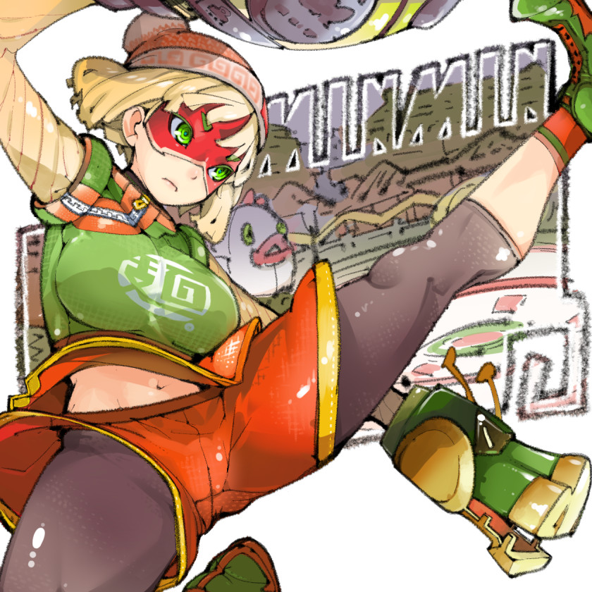 1girl, arms_(game), beanie, blonde_hair, bob_cut, breasts, capri_pants, chinese_clothes