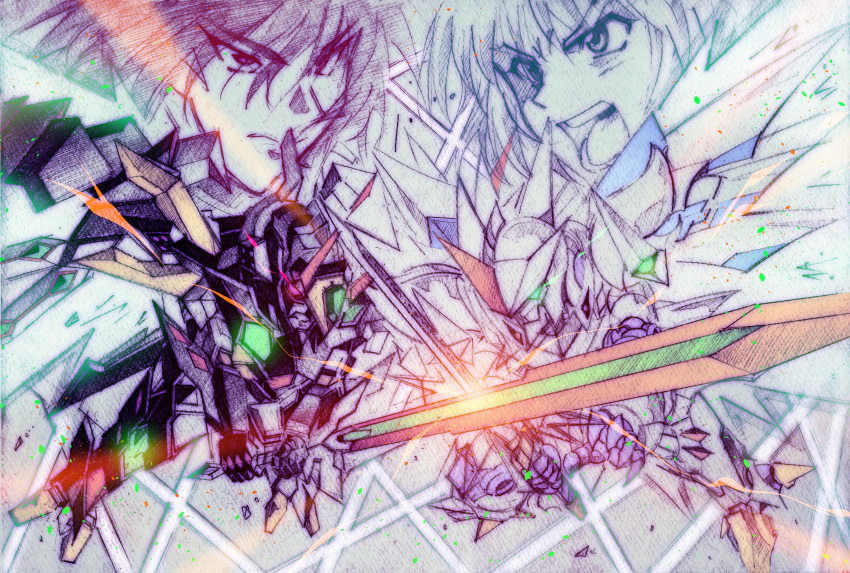 2boys, asakim_dowin, black_hair, cybuster, fighting, green_eyes, holding_weapon, masaki_andoh, mecha, nakanishi_tatsuro, shurouga_sin, super_robot_wars, super_robot_wars_original_generation, super_robot_wars_z, sword