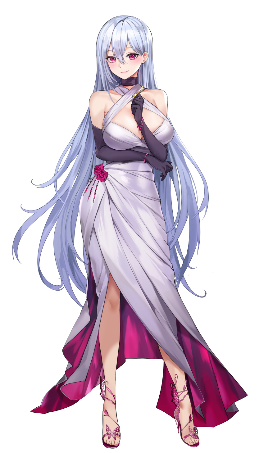 1girl, absurdres, arm_support, black_gloves, blush, bracelet, breasts, closed_mouth
