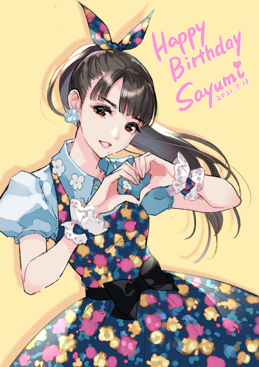 1girl, bangs, black_bow, black_hair, blue_dress, blue_ribbon, blue_shirt, bow