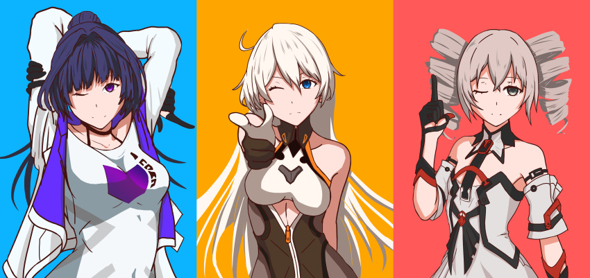 3girls, absurdres, antenna_hair, arms_behind_head, bangs, barefoot, black_gloves, blue_background