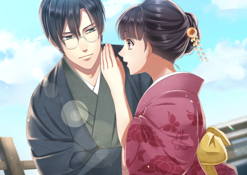 1boy, 1girl, animal_print, black_hair, brown_eyes, butterfly_print, clouds, couple