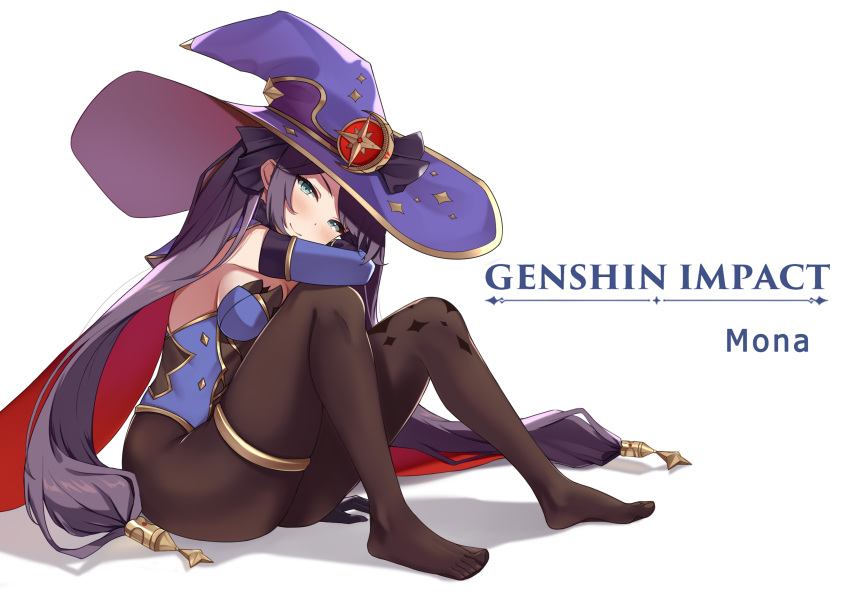 1girl, absurdres, black_hair, black_legwear, black_ribbon, breasts, capelet, character_name, closed_mouth, copyright_name, elbow_on_knee, elbow_rest, full_body, genshin_impact, green_eyes, hair_ornament, hair_ribbon, hat, head_tilt, highres, key_(user_eksy3878), knees_up, leotard, long_hair, looking_at_viewer, mona_(genshin_impact), no_shoes, pantyhose, purple_leotard, ribbon, shadow, sitting, smile, sparkle_print, star_(symbol), star_hair_ornament, thighlet, twintails, witch_hat