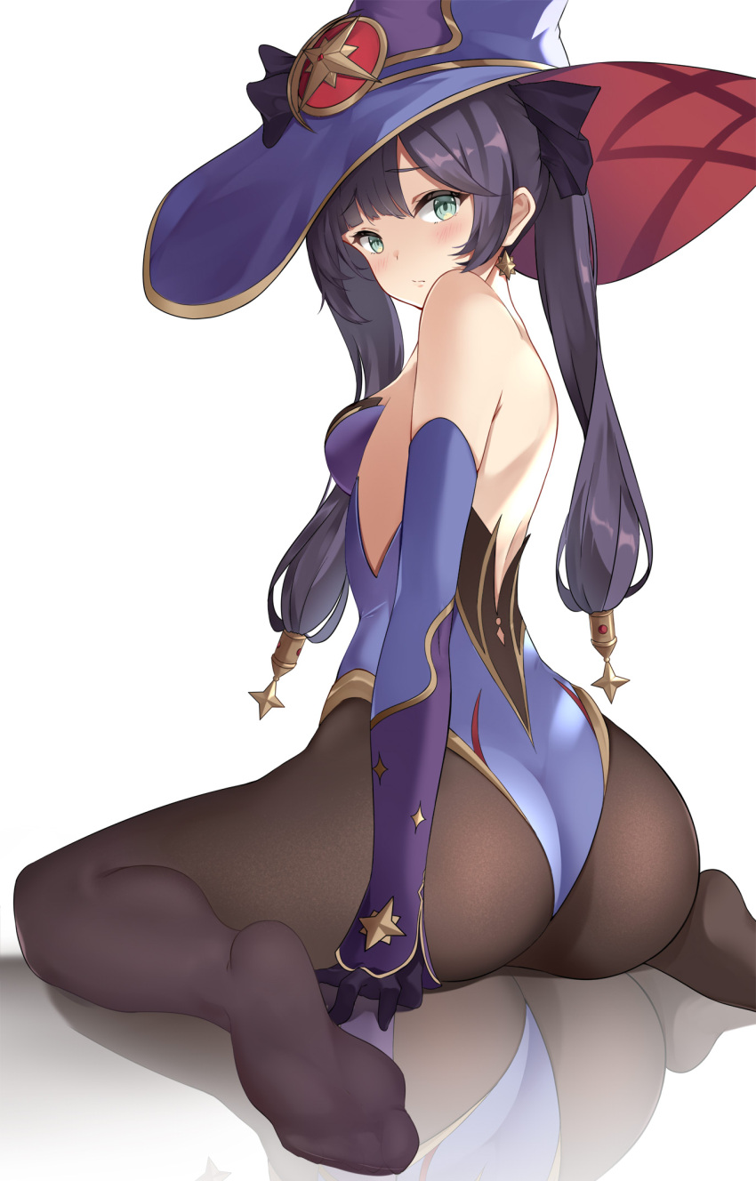 1girl, ass, bangs, bare_shoulders, black_hair, black_legwear, black_ribbon, blush, breasts, closed_mouth, earrings, elbow_gloves, eyebrows_visible_through_hair, from_behind, furrowed_brow, genshin_impact, gloves, green_eyes, hair_ornament, hair_ribbon, hat, highres, jewelry, key_(user_eksy3878), leotard, lips, long_hair, looking_at_viewer, looking_back, mona_(genshin_impact), no_shoes, pantyhose, purple_headwear, purple_leotard, reflection, ribbon, sideboob, sitting, small_breasts, soles, solo, sparkle_print, star_(symbol), star_earrings, star_hair_ornament, twintails, wariza, witch_hat