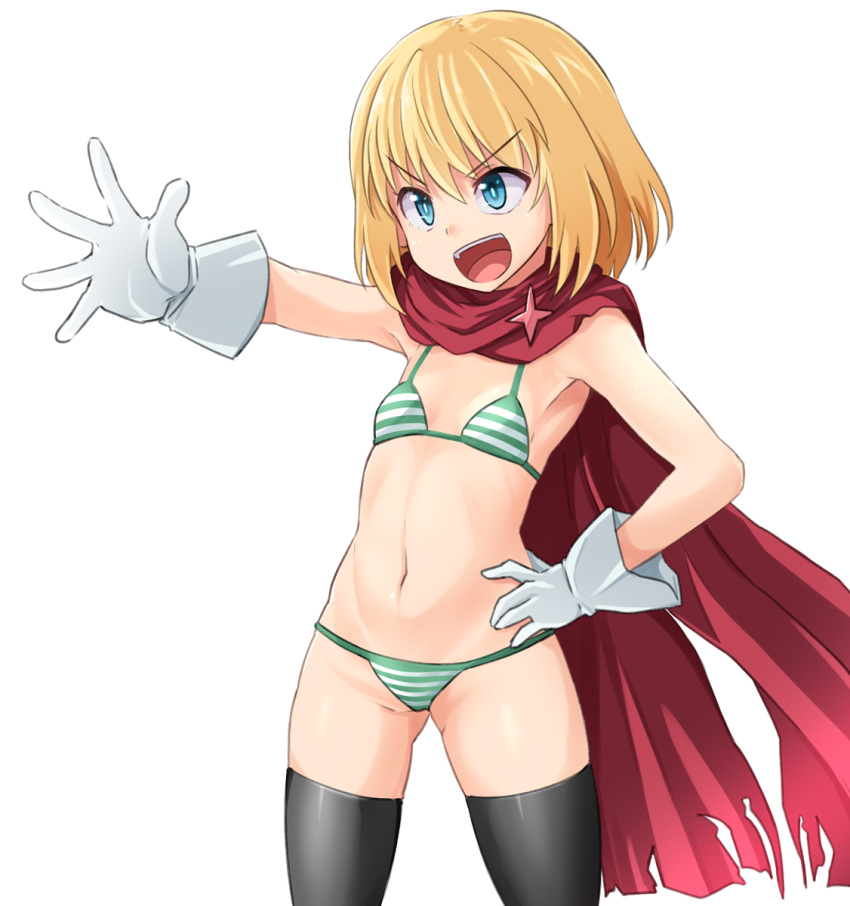 bangs, bikini, black_legwear, blonde_hair, blue_eyes, bob_cut, breasts, cape