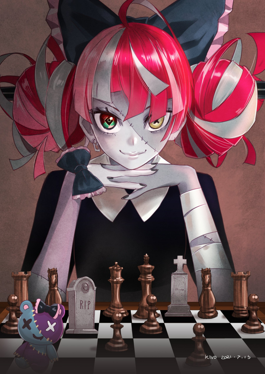 1girl, absurdres, ahoge, black_bow, bow, chess_piece, chessboard, colored_skin