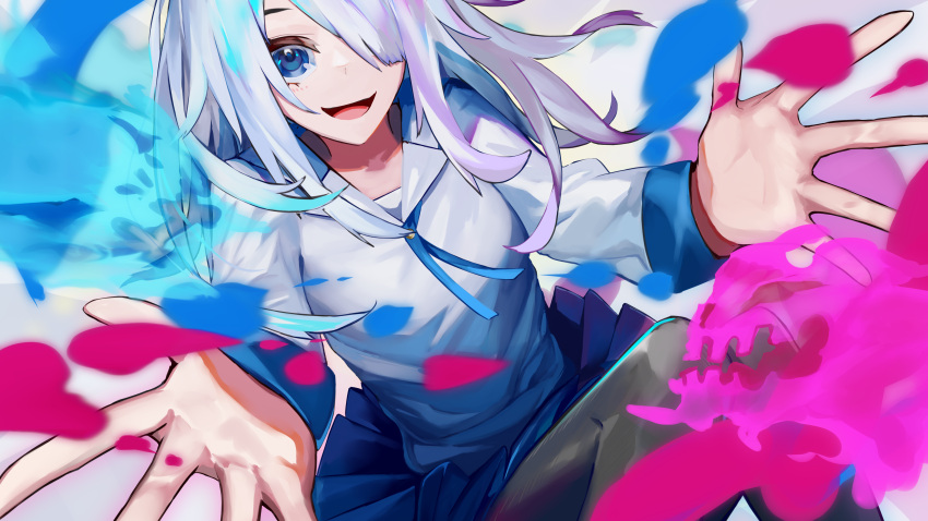 1girl, absurdres, blue_eyes, covered_eyes, hair_over_eyes, highres, impasto, multicolored_hair