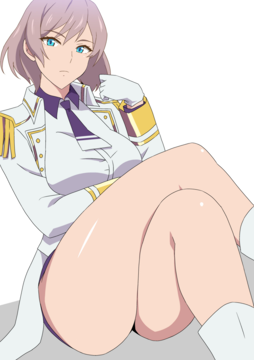 1girl, bangs, blue_eyes, breasts, crossed_legs, epaulettes, gloves, gridman_universe