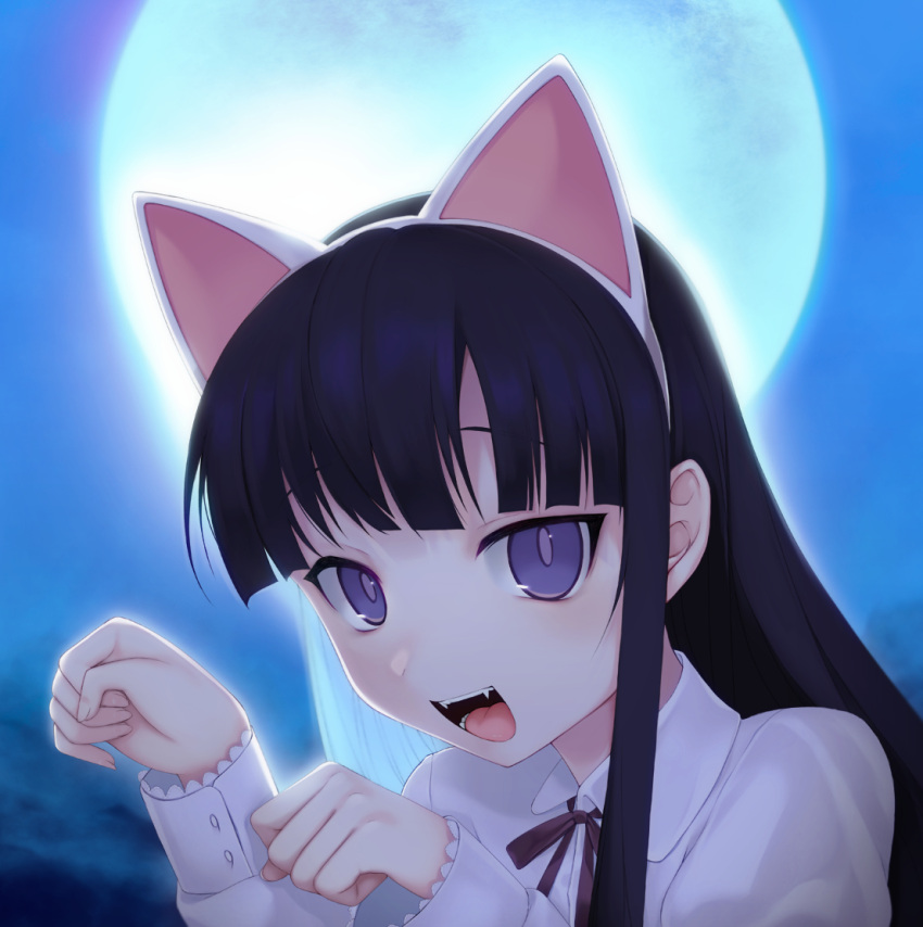 1girl, animal_ears, bangs, black_hair, brown_neckwear, cat_ears, collared_shirt, hazuki_(tsukuyomi)