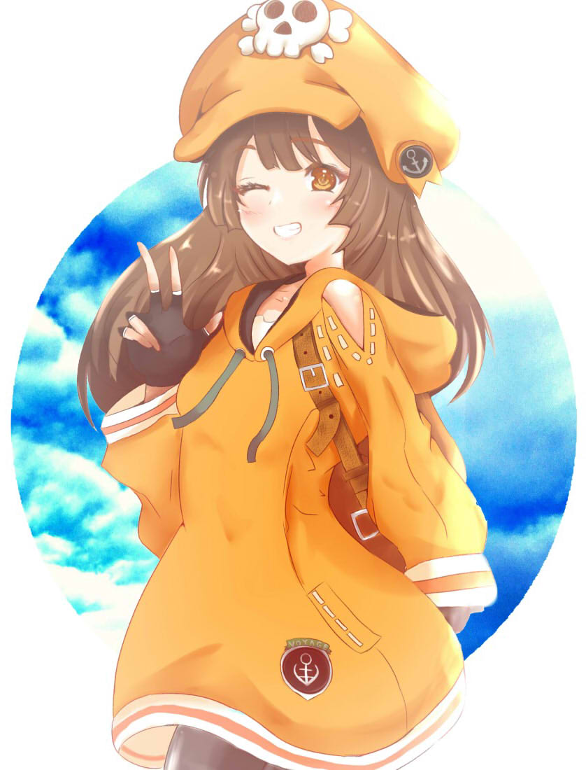 1girl, backpack, bag, bangs, blush, brown_eyes, brown_hair, cabbie_hat, eyebrows_visible_through_hair, fingerless_gloves, gloves, guilty_gear, guilty_gear_strive, hat, hood, hood_down, hooded_jacket, hoodie, jacket, kyoichi, long_hair, long_sleeves, may_(guilty_gear), one_eye_closed, orange_headwear, orange_jacket, pirate_hat, skull_and_crossbones, smile, solo, teeth
