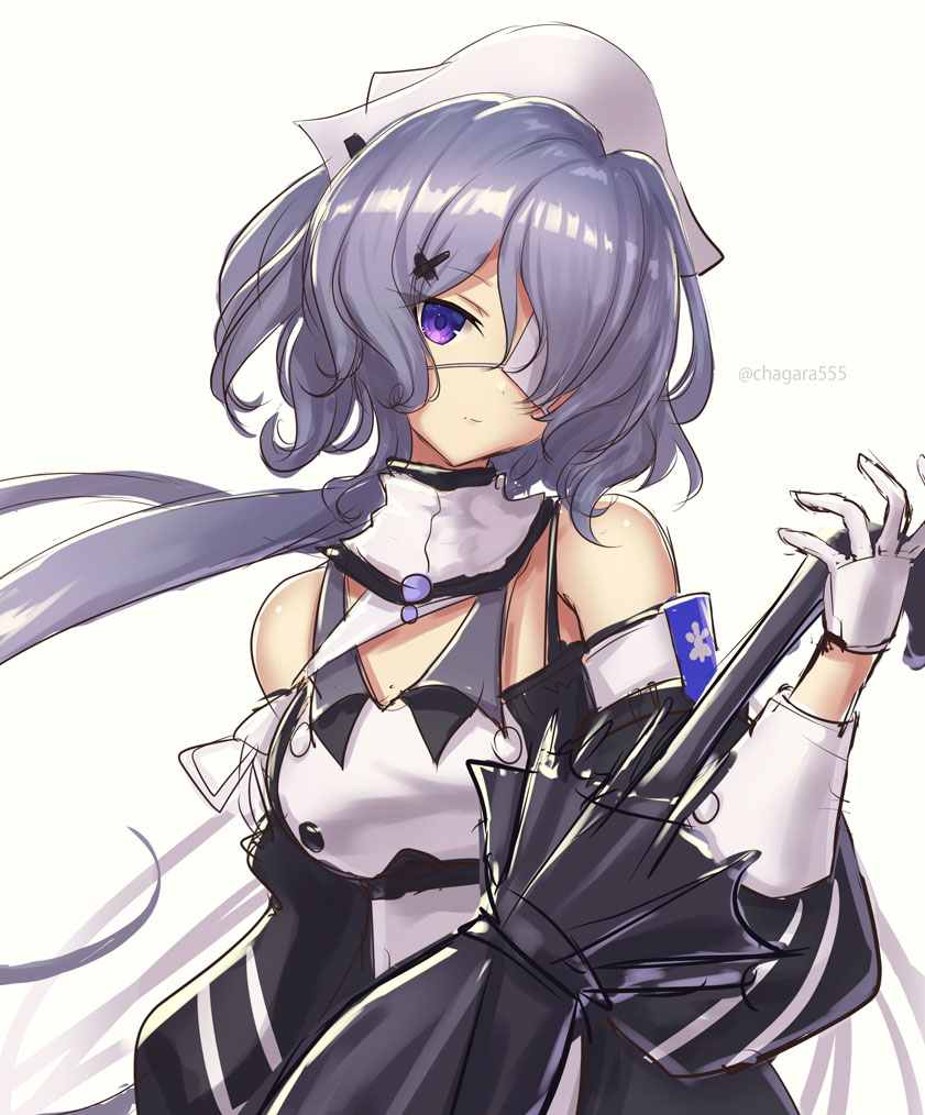 1girl, arknights, black_dress, black_umbrella, chagara, cross_hair_ornament, dress, eyepatch