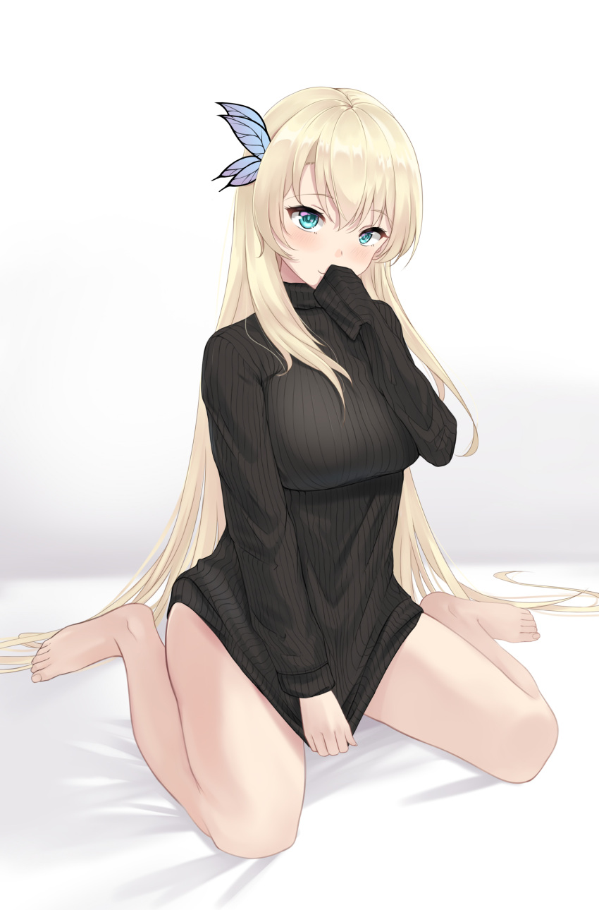 1girl, absurdres, bangs, bare_legs, barefoot, black_sweater, blonde_hair, blue_eyes, boku_wa_tomodachi_ga_sukunai, bottomless, breasts, butterfly_hair_ornament, clothes_tug, covering_mouth, eyebrows_visible_through_hair, hair_ornament, hand_over_own_mouth, hand_up, highres, kashiwazaki_sena, key_(user_eksy3878), large_breasts, light_blush, long_hair, looking_at_viewer, shirt_tug, simple_background, sitting, sleeves_past_fingers, sleeves_past_wrists, solo, sweater, sweater_tug, thighs, turtleneck, turtleneck_sweater, very_long_hair, wariza, white_background