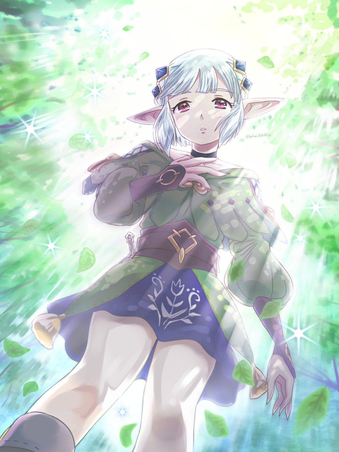 1girl, ena_(monster_hunter), hair_ornament, highres, leaf, monster_hunter_stories_2, pointy_ears, red_eyes