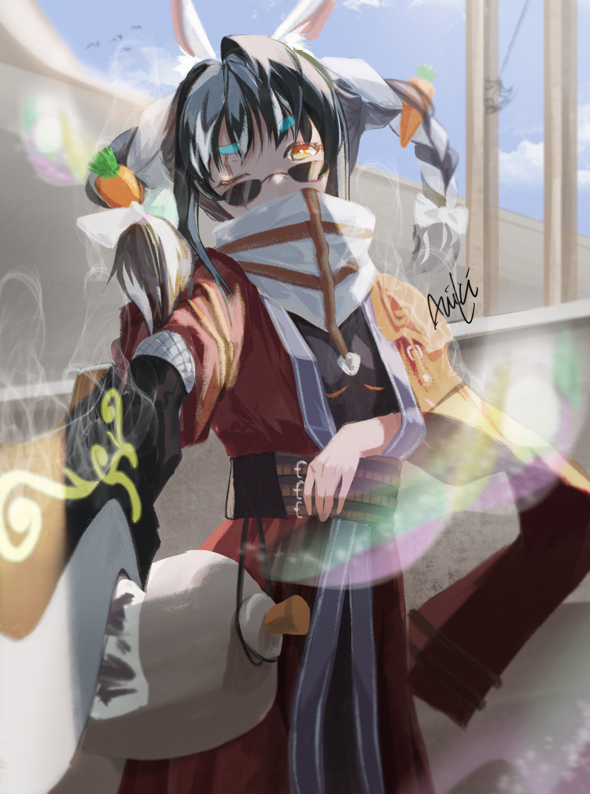 1girl, absurdres, alternate_costume, alternate_hair_color, aniki_(aniki90), animal_ears, armor, auron, auron_(cosplay), bangs, belt, black_armor, black_hair, bottle, braid, carrot_hair_ornament, coat, cosplay, final_fantasy, final_fantasy_x, food-themed_hair_ornament, hair_ornament, highres, holding, holding_sword, holding_weapon, hololive, multiple_belts, one_eye_closed, outdoors, rabbit_ears, red_coat, sake_bottle, signature, sky, solo, standing, sunglasses, sword, twin_braids, usada_pekora, virtual_youtuber, weapon