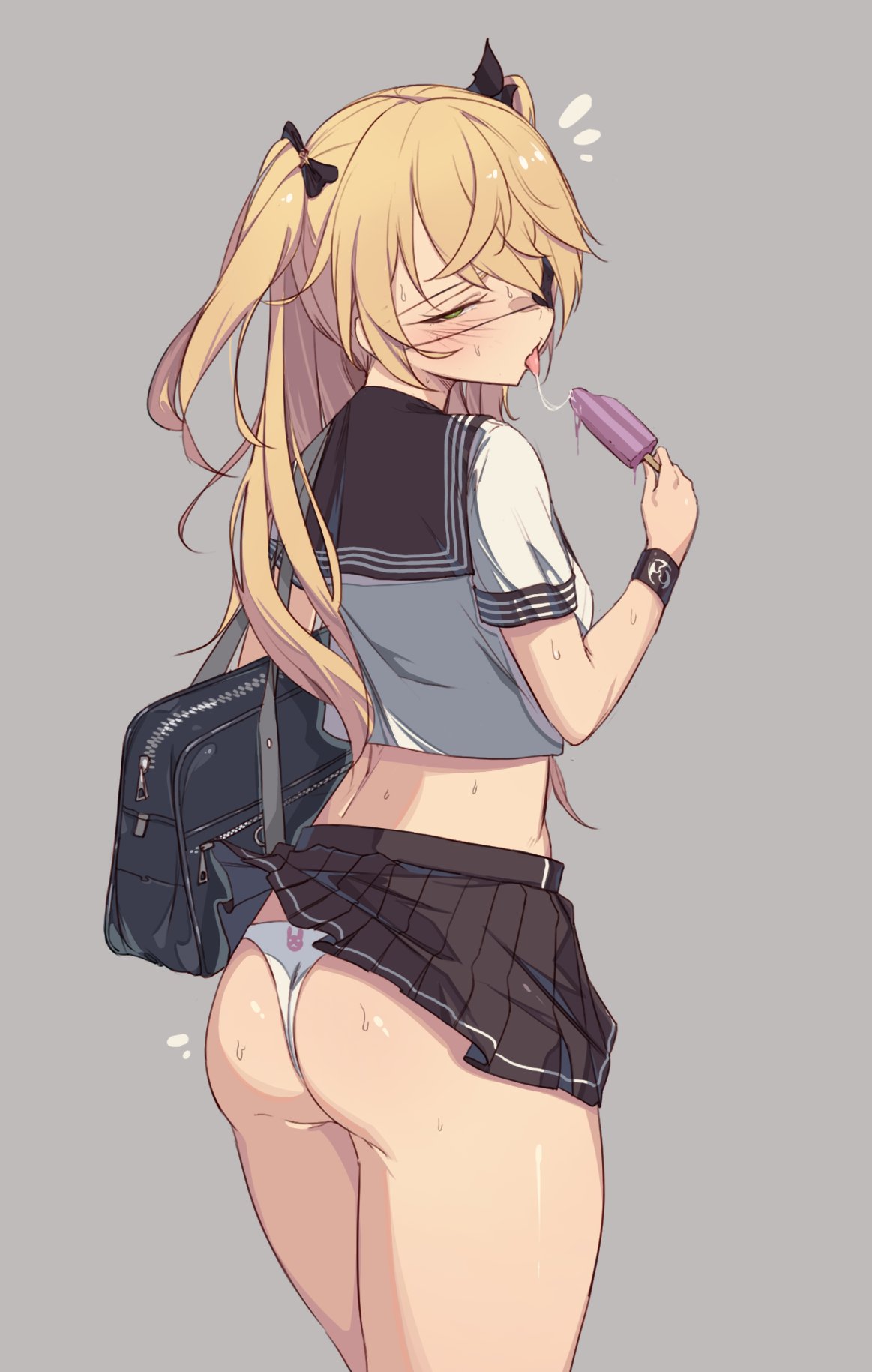 1girl, alternate_costume, ass, back, bag, black_ribbon, black_skirt, blonde_hair, blush, breasts, clothes_lift, cowboy_shot, eating, eyepatch, fischl_(genshin_impact), food, from_behind, genshin_impact, green_eyes, grey_background, hair_between_eyes, hair_ribbon, half-closed_eye, highres, holding, holding_food, kkry99, korean_commentary, long_hair, looking_at_viewer, looking_back, melting, midriff, miniskirt, notice_lines, one_eye_covered, panties, pleated_skirt, popsicle, ribbon, sailor_collar, saliva, saliva_trail, school_bag, school_uniform, serafuku, shirt, short_sleeves, simple_background, skirt, skirt_lift, small_breasts, solo, sweat, thighs, tongue, tongue_out, two_side_up, underwear, wardrobe_malfunction, white_panties, white_shirt, wristband, zipper