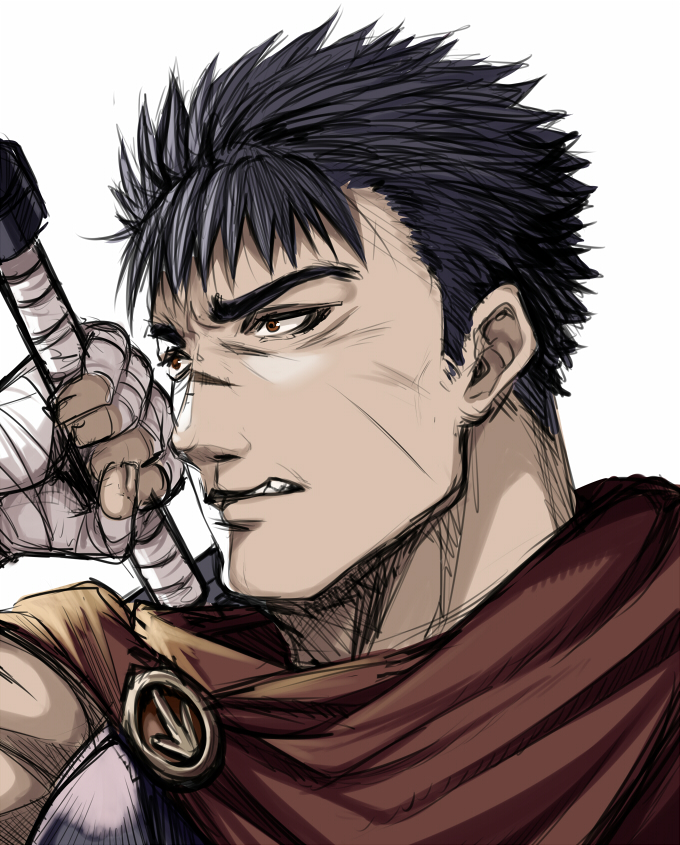 1boy, angry, armor, bandages, berserk, brown_eyes, cape, clenched_teeth