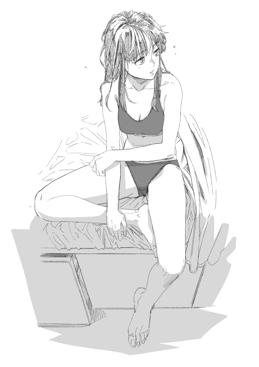 1girl, absurdres, aihara_akito, barefoot, bed_sheet, collarbone, highres, long_hair, looking_away, messy_hair, monochrome, natsuki_(new_normal), new_normal, no_mask, on_bed, simple_background, sitting, underwear, underwear_only