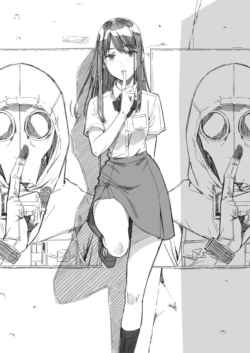 1girl, 2others, against_wall, aihara_akito, blush, finger_to_mouth, gas_mask, head_tilt
