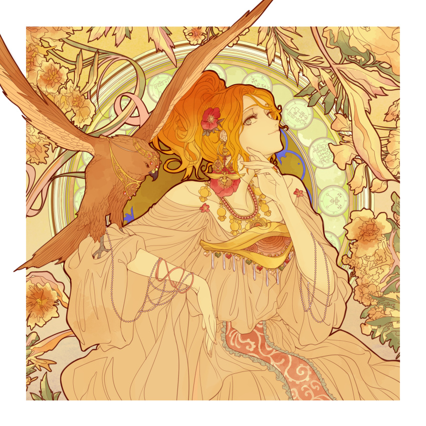 1girl, absurdres, alternate_costume, animal, aquila_(kancolle), art_nouveau, bangs, beads