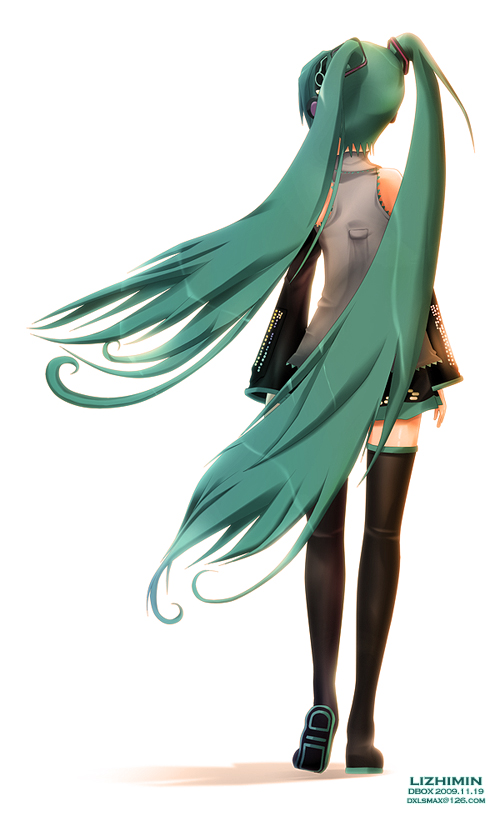aqua_hair, back, bare_shoulders, detached_sleeves, dxlsmax_(lizhimin), hatsune_miku, headphones, long_hair