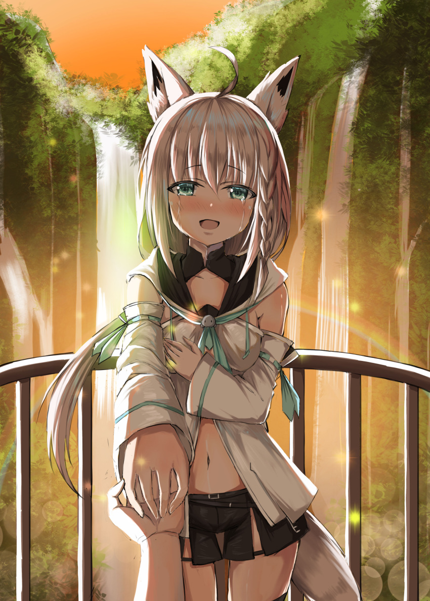 1girl, absurdres, ahoge, animal_ear_fluff, animal_ears, bangs, black_shorts, blue_neckwear