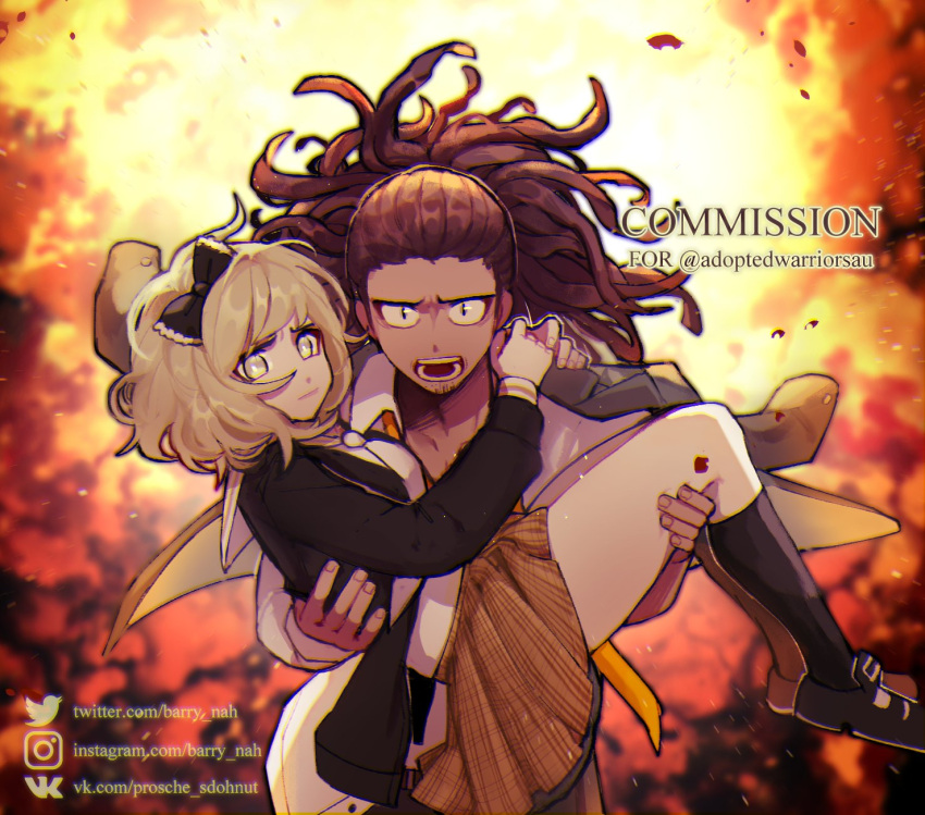 1boy, 1girl, artist_name, barry_nah, beard, black_bow, black_footwear, black_jacket