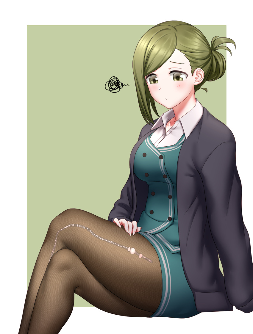1girl, asymmetrical_bangs, bangs, black_cardigan, black_legwear, border, breasts, cardigan