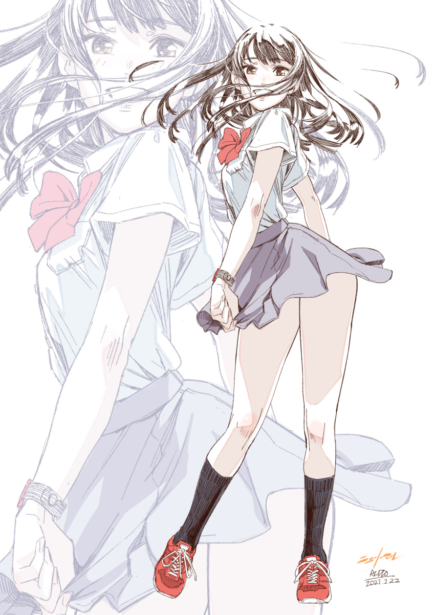 1girl, :d, aihara_akito, blush, bracelet, brown_hair, copyright_name, dated