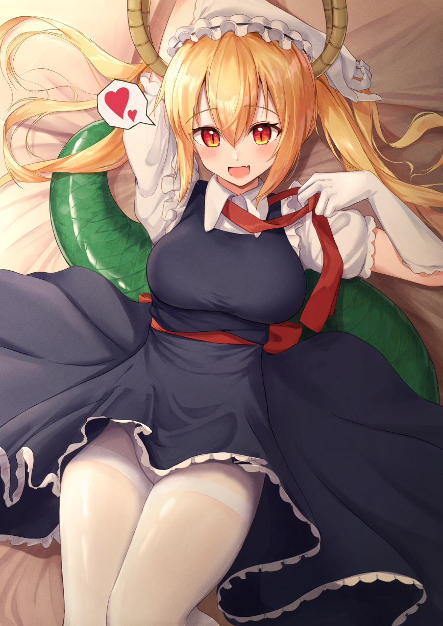 1girl, black_dress, breasts, dragon_girl, dragon_horns, dragon_tail, dress, elbow_gloves
