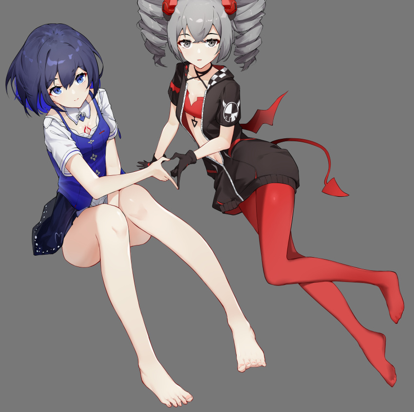 2girls, :o, absurdres, bangs, bare_shoulders, barefoot, black_gloves, black_jacket, blue_eyes, blue_hair, bronya_zaychik, bronya_zaychik_(yamabuki_armor), closed_mouth, demon_tail, demon_wings, drill_hair, full_body, gloves, grey_background, grey_eyes, grey_hair, heart, heart_hands, highres, honkai_(series), honkai_impact_3rd, jacket, kuo_(kuo114514), leggings, looking_at_viewer, multiple_girls, no_shoes, open_mouth, red_legwear, seele_vollerei, seele_vollerei_(swallowtail_phantasm), short_hair, short_sleeves, simple_background, smile, soles, tail, tattoo, toes, twin_drills, wings, yuri