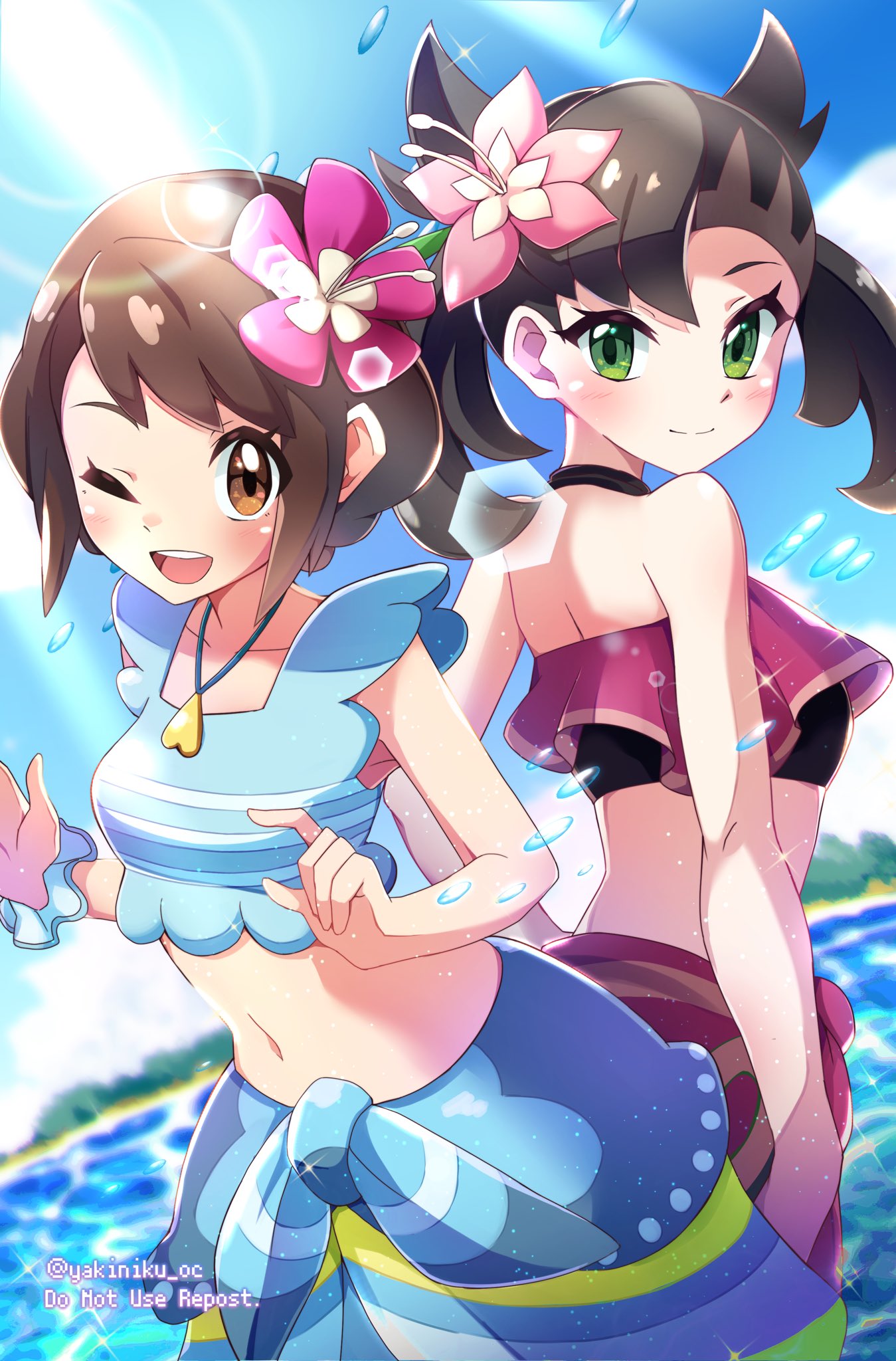 2girls, ;d, asymmetrical_bangs, bangs, blue_sarong, blue_shirt, blush, brown_eyes