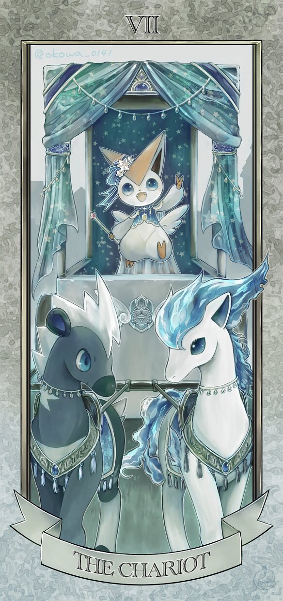 :d, alternate_color, arm_up, blitzle, blue_eyes, commentary, curtains, eye_contact, fangs, gen_1_pokemon, gen_5_pokemon, highres, holding, holding_wand, looking_at_another, looking_at_viewer, mythical_pokemon, no_humans, okowa_0141, open_mouth, pokemon, pokemon_(creature), ponyta, roman_numeral, saddle, shiny_pokemon, smile, tarot, the_chariot_(tarot), victini, wand