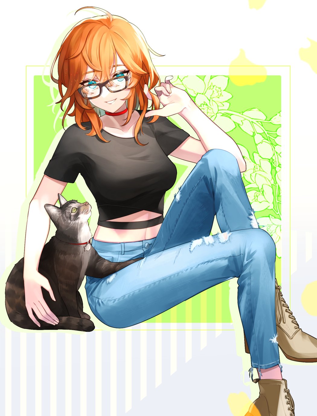 1girl, ankle_boots, bangs, black-framed_eyewear, black_shirt, blue_eyes, boots, breasts