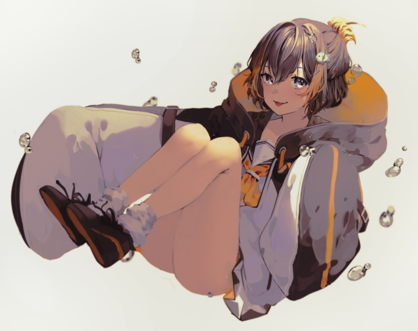 1girl, absurdres, beige_background, black_footwear, blonde_hair, blush, brown_hair, english_commentary