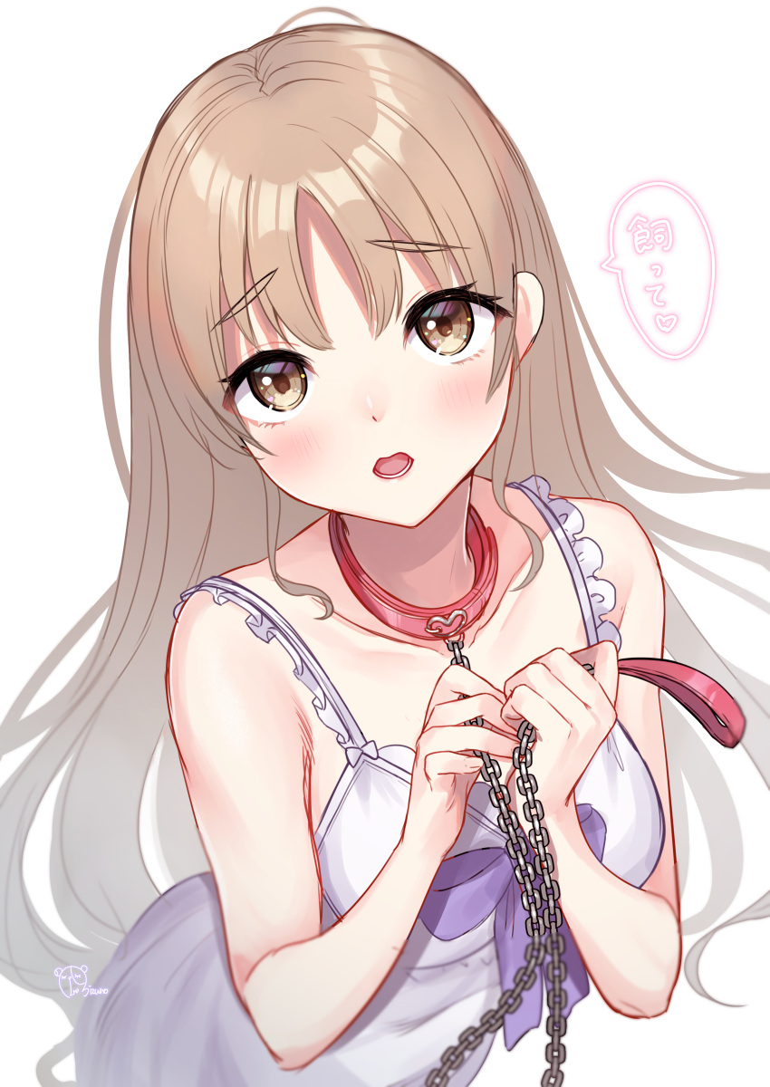 1girl, absurdres, bangs, blush, bow, brown_eyes, brown_hair, chain, collar, collarbone, dress, highres, holding, holding_leash, leash, long_hair, looking_at_viewer, mizuiro_32, nijisanji, open_mouth, purple_bow, red_collar, signature, simple_background, sister_cleaire, sleeveless, solo, very_long_hair, virtual_youtuber, white_background, white_dress
