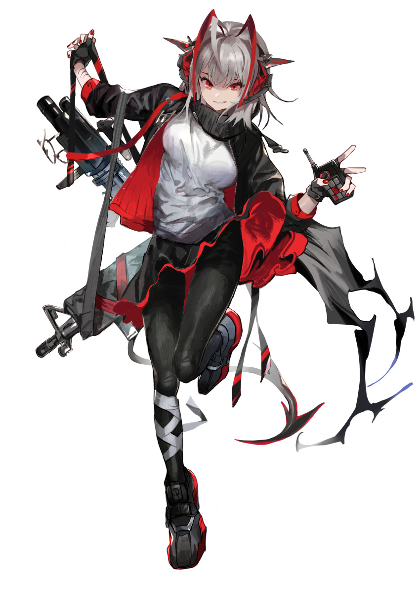1girl, absurdres, ahoge, arknights, assault_rifle, bandaged_leg, bandages, bangs