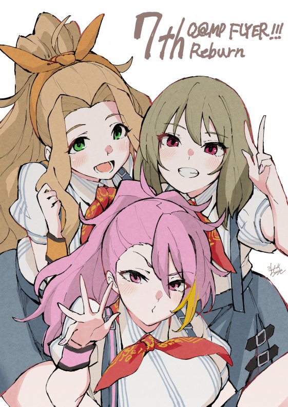 3girls, asymmetrical_bangs, bangs, blonde_hair, breasts, character_request, clenched_teeth, copyright_request