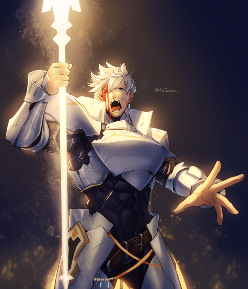 1boy, absurdres, armor, black_background, blood, blood_on_face, blue_eyes, fate/grand_order