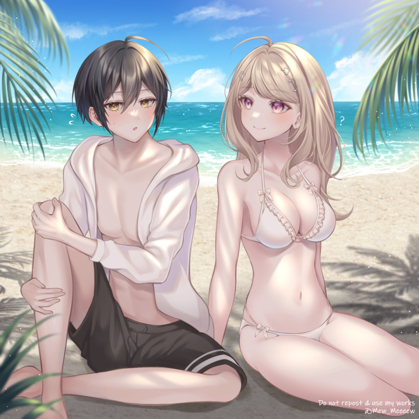 1boy, 1girl, :o, akamatsu_kaede, bangs, banned_artist, beach, bikini